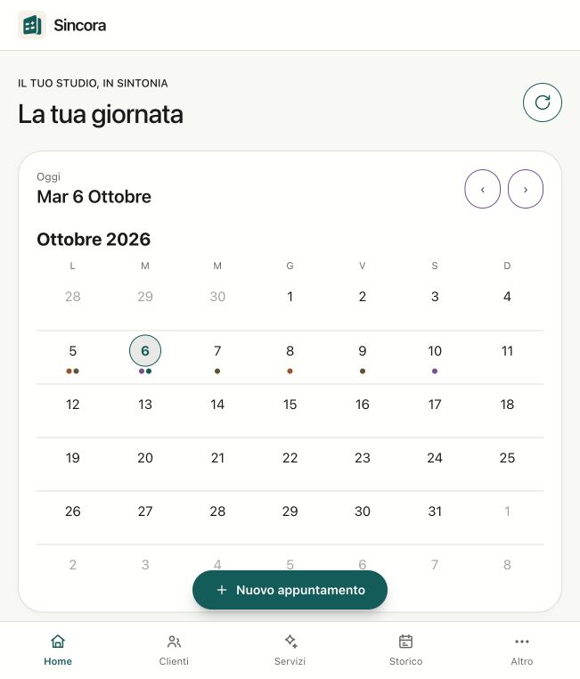 Schermata dell’agenda Sincora: calendario e pulsante Nuovo appuntamento.