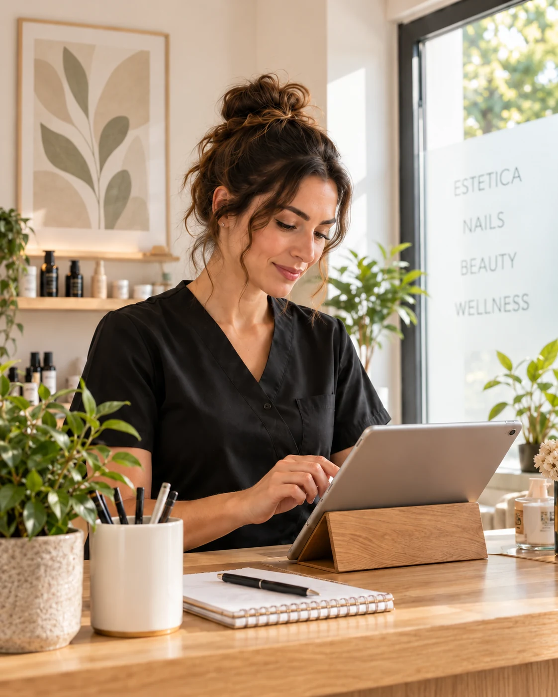 Titolare di uno studio beauty che organizza la giornata con un tablet. Immagine illustrativa.