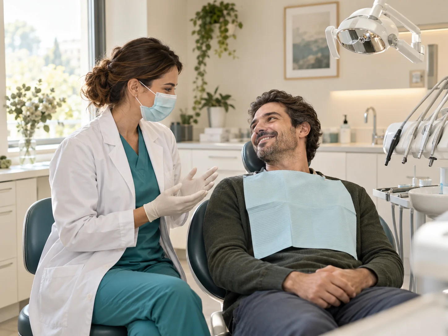 Dentista che parla con un paziente nello studio. Immagine illustrativa.